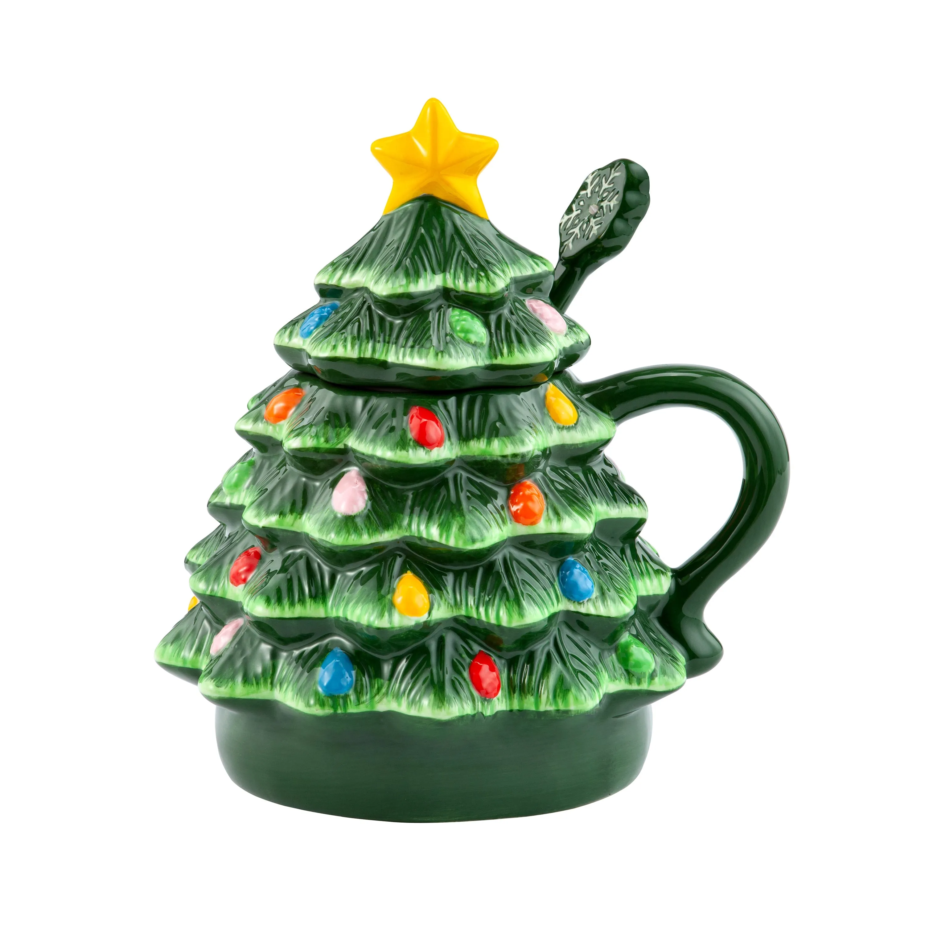 16 oz. Nostalgic Ceramic Tree Lidded Mug with Spoon - Green