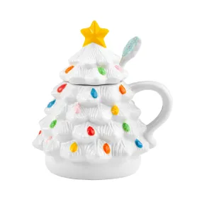 16 oz. Nostalgic Ceramic Tree Lidded Mug with Spoon - White