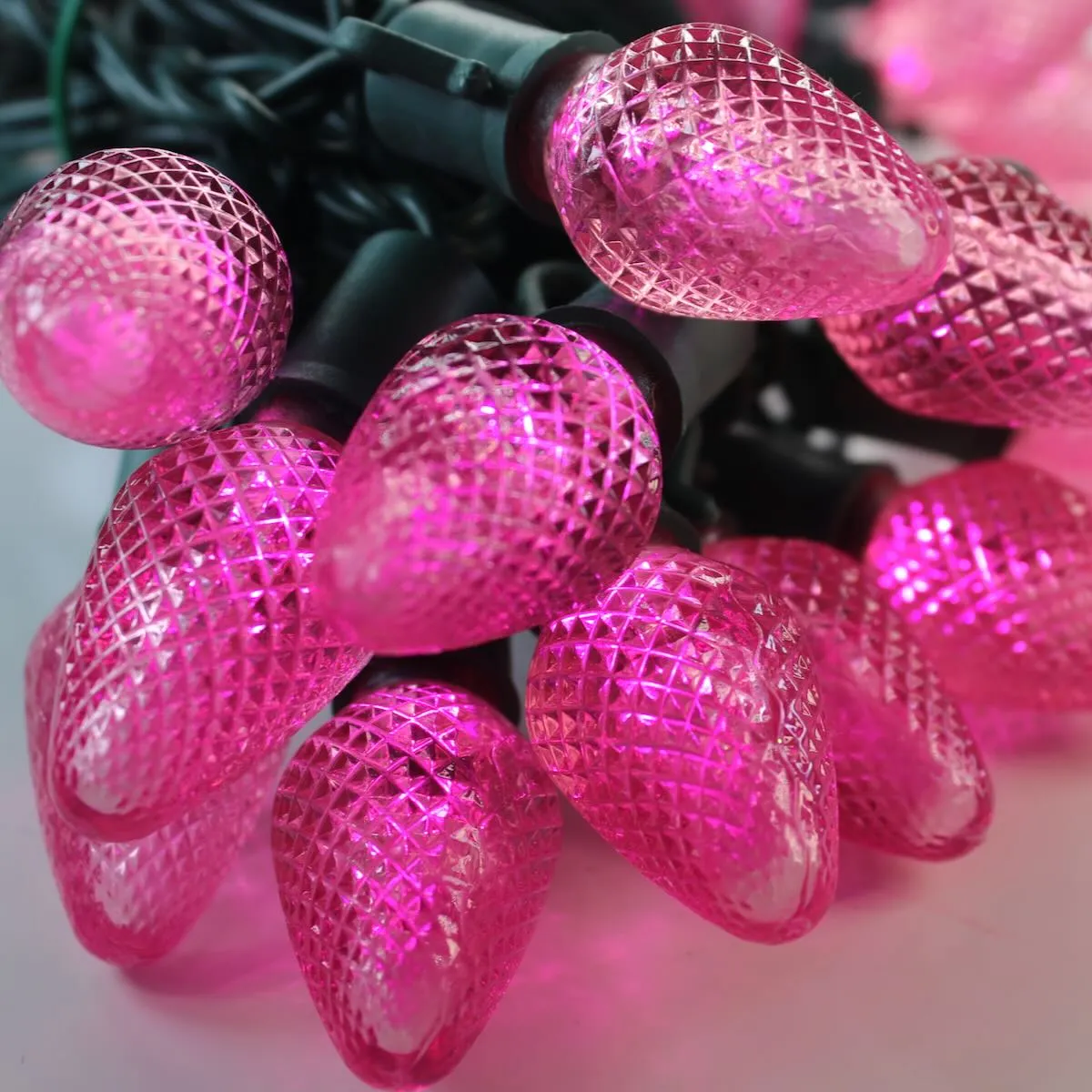 25-light C7 Pink LED Christmas Lights, 8" Spacing Green Wire