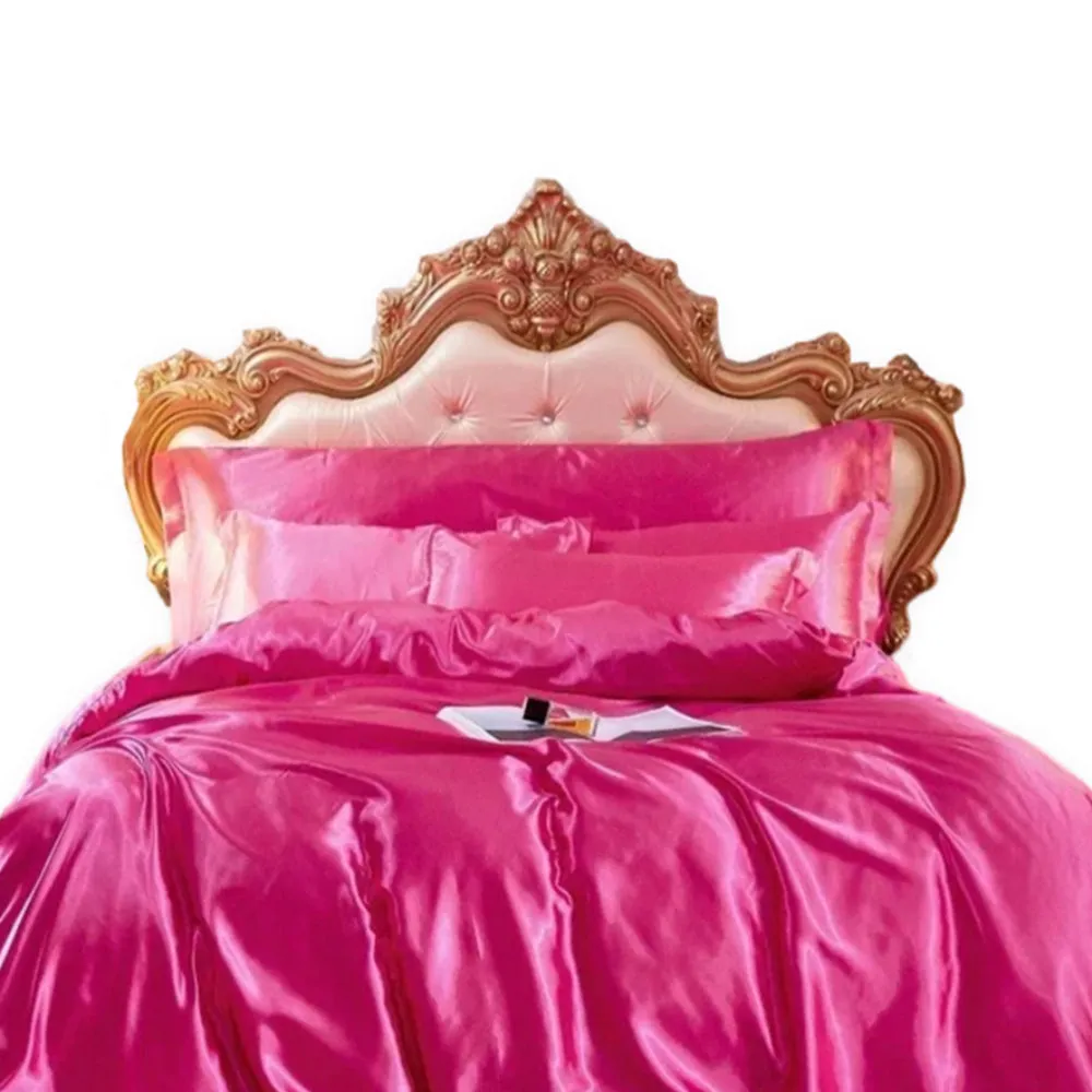 Anyhouz Beddings Hot Pink AU EU King Size 3 Pc High End Satin Smooth Duvet Cover Set Luxury Polyester Silky Soft Cozy Bedding Set