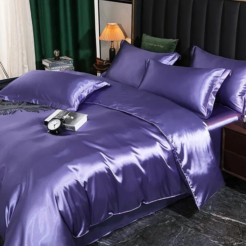 Anyhouz Beddings Light Purple AU Queen Size 3 Pcs High End Satin Smooth Duvet Cover Set Luxury Polyester Silky Soft Cozy Bedding Set