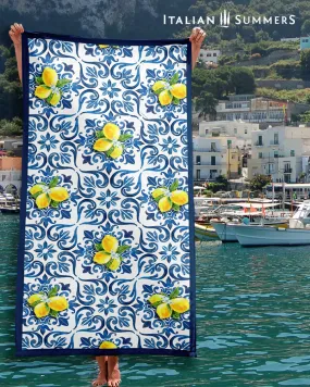 Beach towel Italy blue tiles and lemons, maiolica beach towel, Italian Beach,  Amalfi Coast, Positano, Capri, Amalfi Lemons, Sorrento Lemons