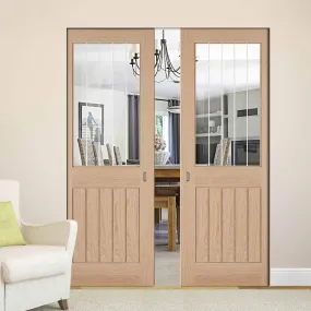 Belize Oak Absolute Evokit Double Pocket Doors - Silkscreen Etched Clear Glass - Unfinished