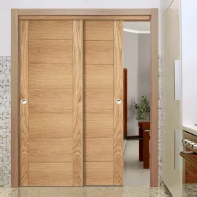 Bespoke Pass-Easi Carini 7 Panel Oak Flush Door - 2 Sliding Doors and Frame Kit - Prefinished