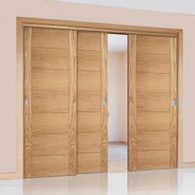 Bespoke Pass-Easi Carini 7 Panel Oak Flush Door - 3 Sliding Doors and Frame Kit - Prefinished