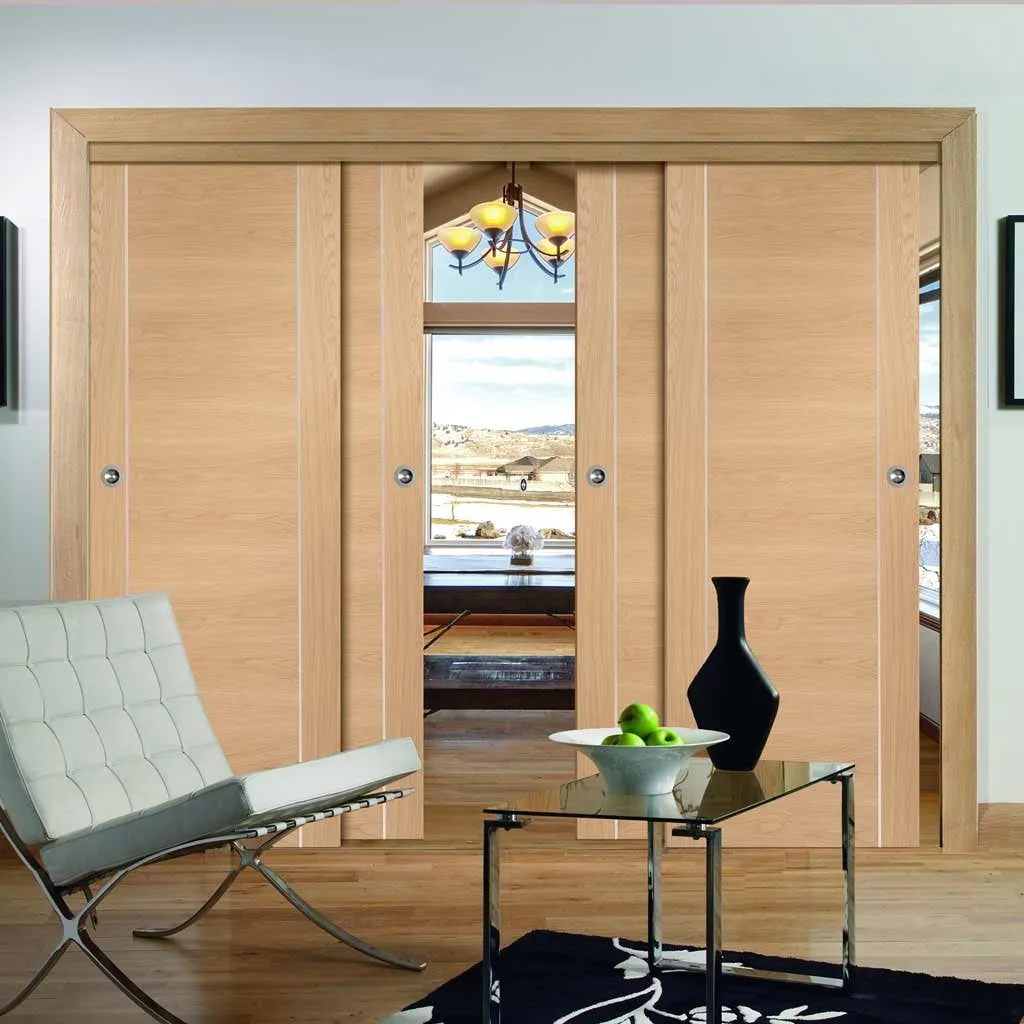 Bespoke Pass-Easi Forli Oak Flush - 4 Sliding Doors and Frame Kit - Aluminium Inlay - Prefinished