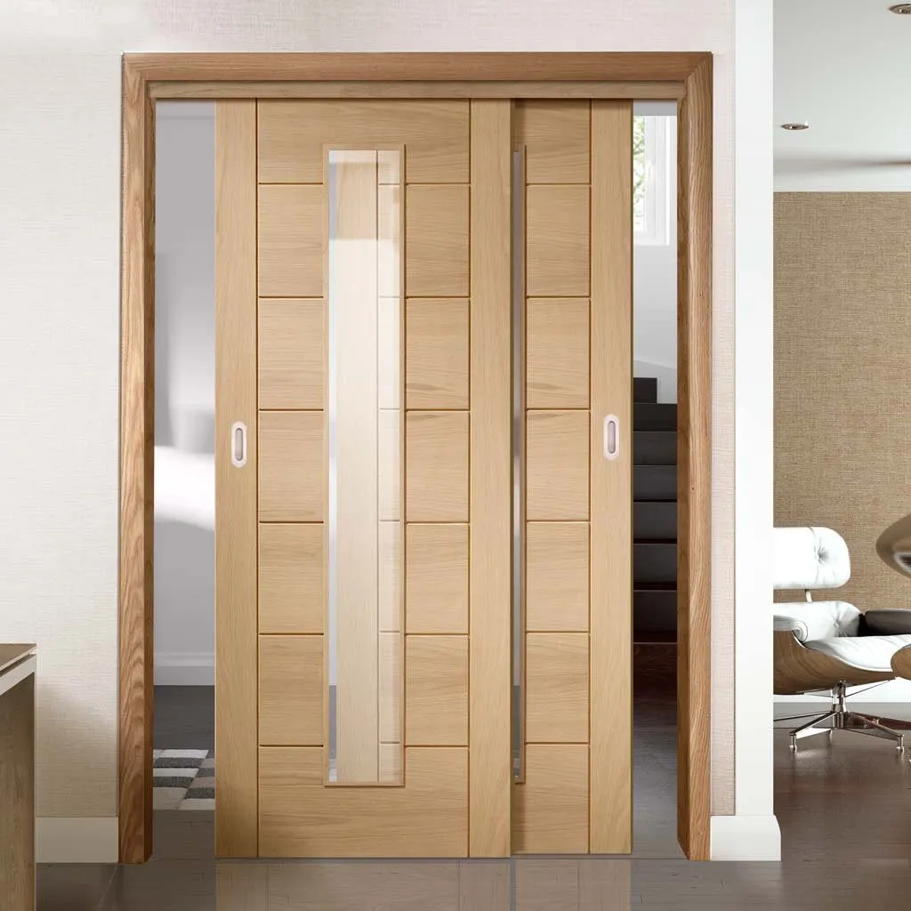 Bespoke Pass-Easi Palermo Oak 1 Pane Glazed - 2 Sliding Doors and Frame Kit