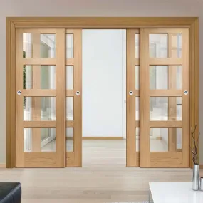 Bespoke Pass-Easi Shaker Oak 4 Pane Glazed - Clear Glass - 4 Sliding Doors and Frame Kit - Prefinished