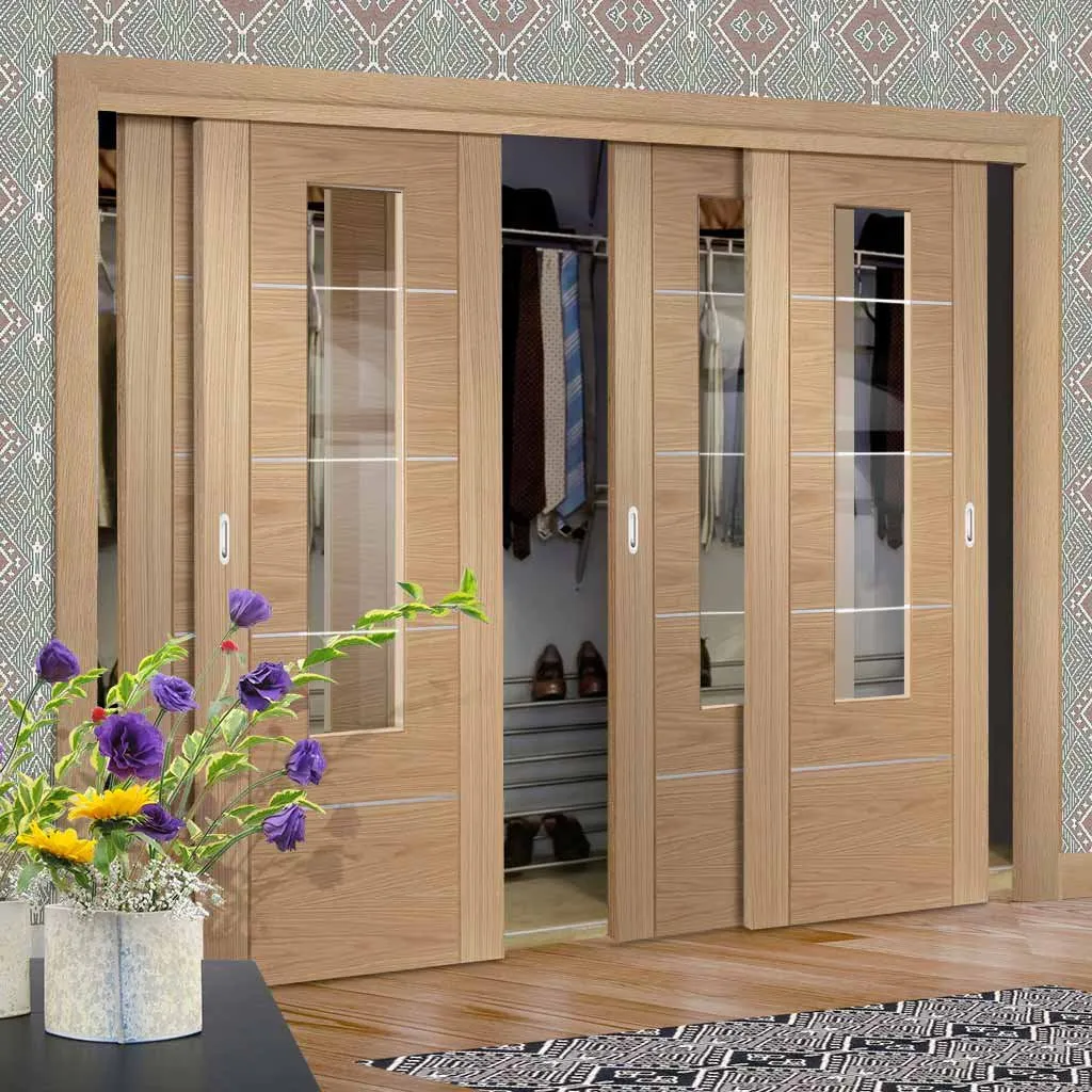 Bespoke Portici Oak Glazed 4 Door Maximal Wardrobe and Frame Kit - Aluminium Inlay - Prefinished