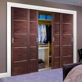 Bespoke Portici Walnut Flush 4 Door Maximal Wardrobe and Frame Kit - Aluminium Inlay - Prefinished