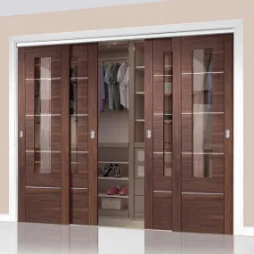 Bespoke Portici Walnut Glazed 4 Door Maximal Wardrobe and Frame Kit - Aluminium Inlay - Prefinished