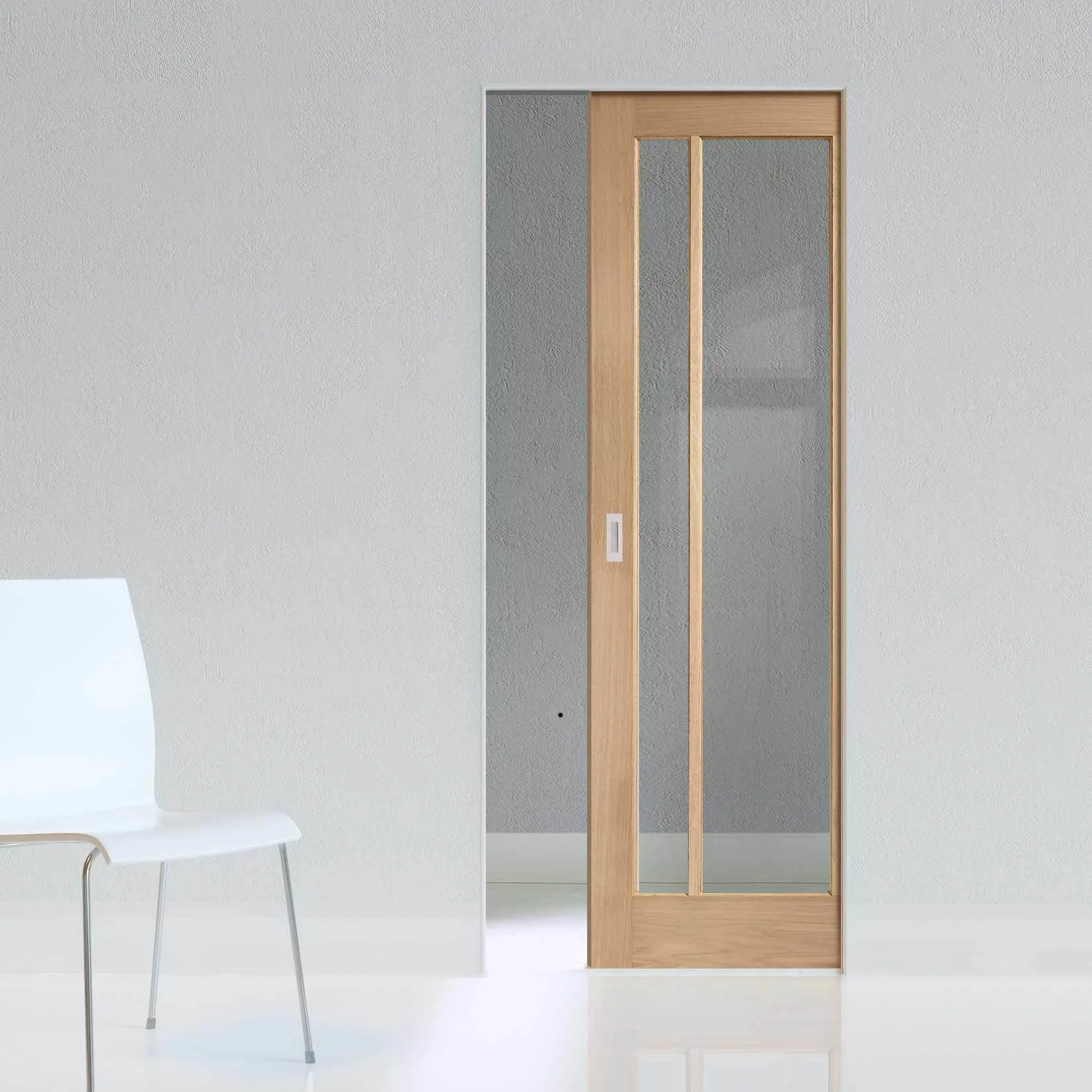 Bespoke Worcester Oak 3L Glazed Single Frameless Pocket Door