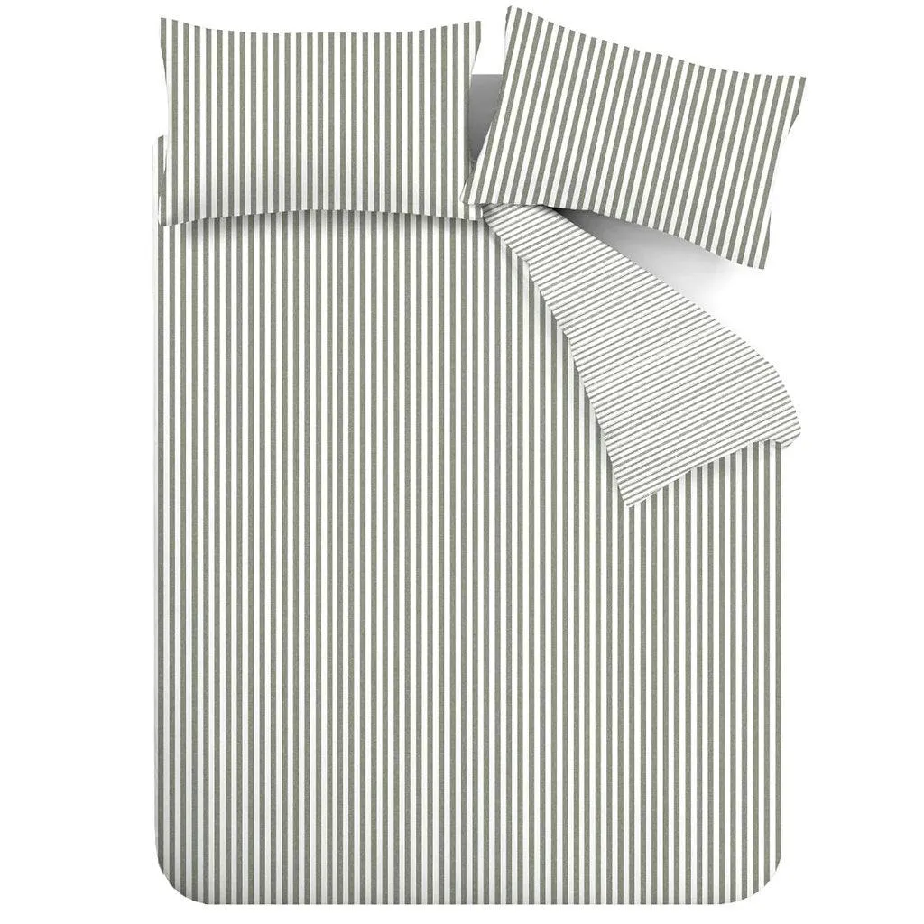 Catherine Lansfield Reversible Green Stripe 100% Brushed Cotton Duvet Cover Set