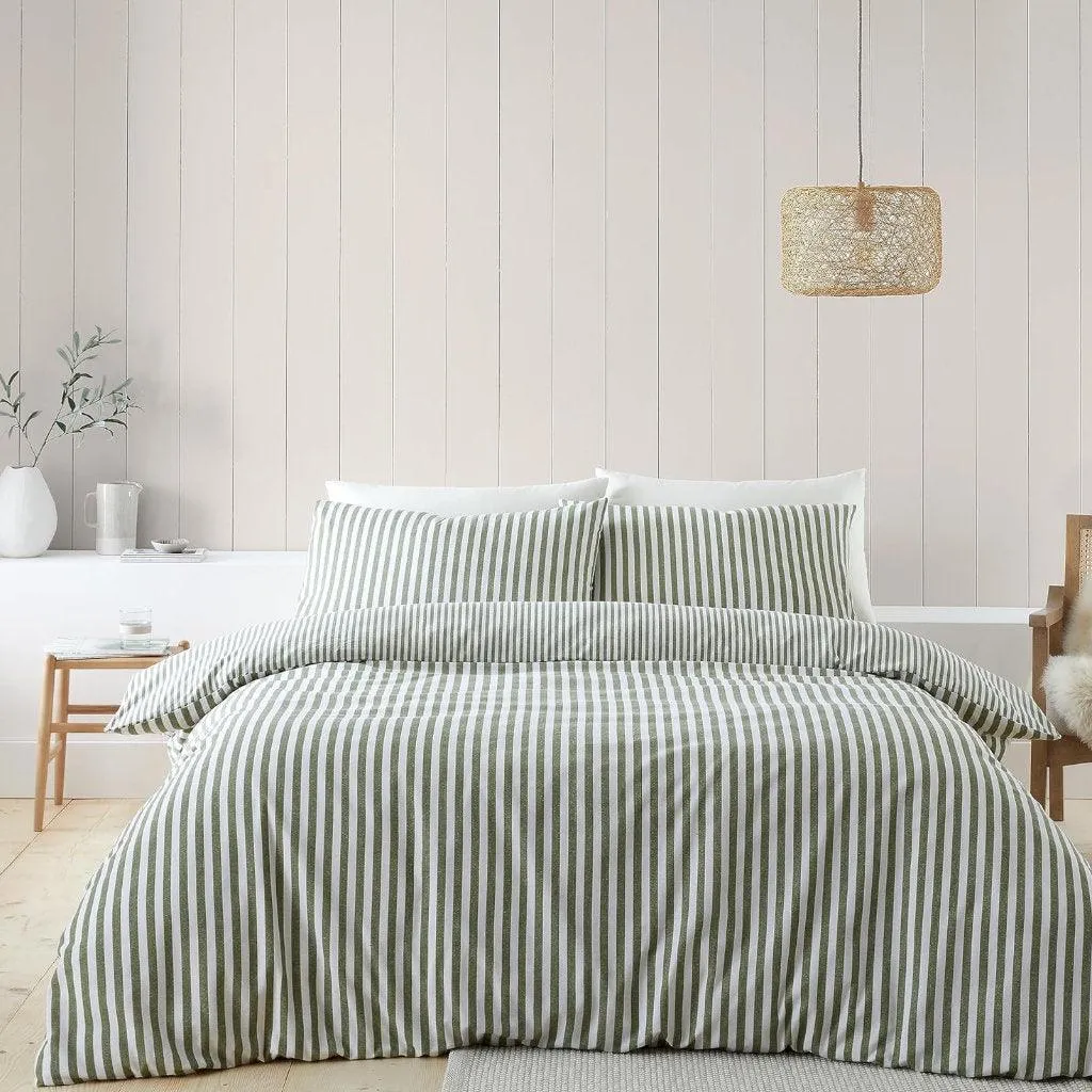 Catherine Lansfield Reversible Green Stripe 100% Brushed Cotton Duvet Cover Set