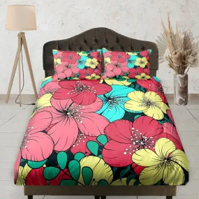 Colorful Hibiscus Bedding, Fitted Bedsheet, Deep Pocket, Floral Prints, Aesthetic Boho Bedding Set, Dorm Bedding, Crib Sheet, King, Queen