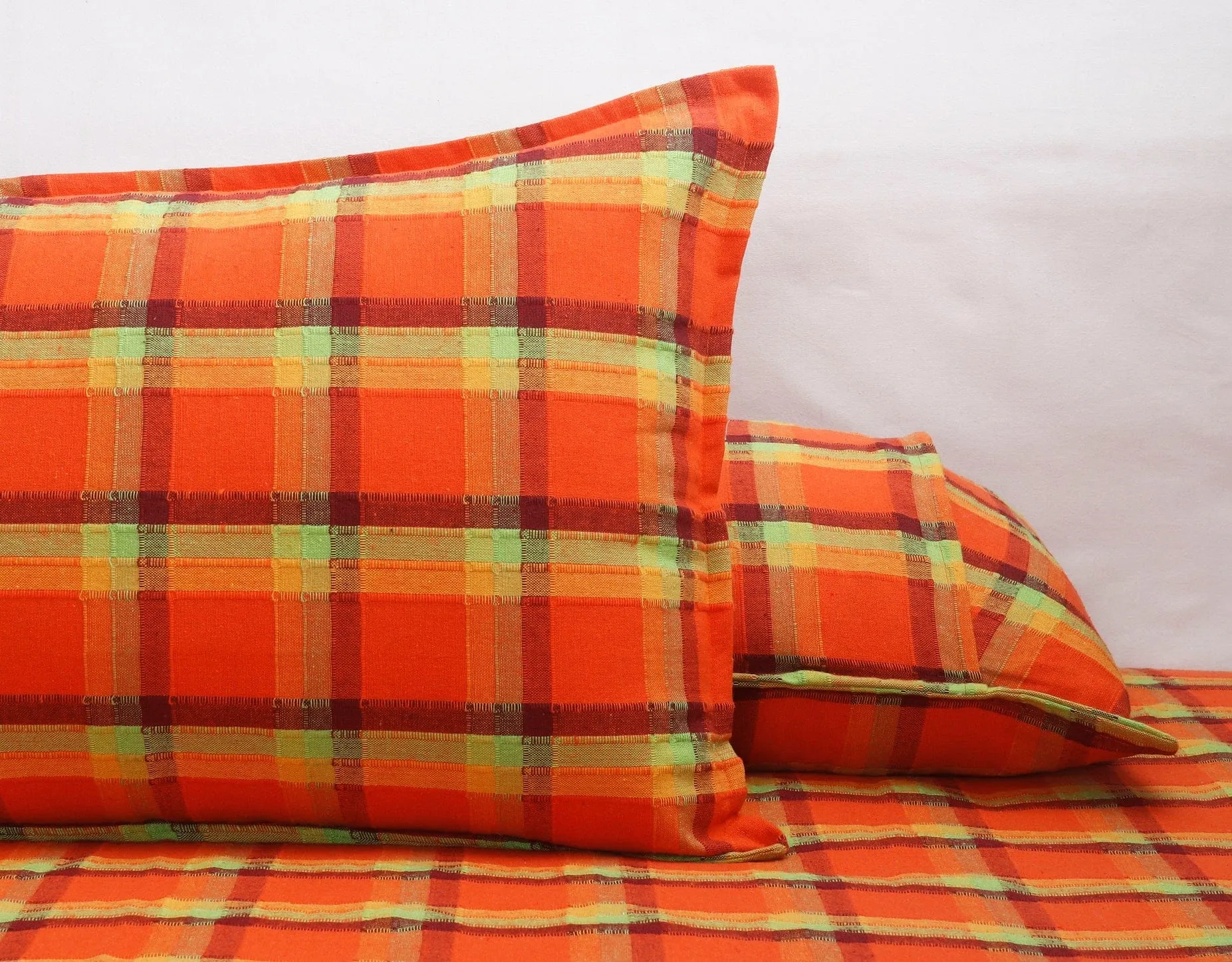 Cotton Dobby Checkered Bedsheet with Pillow Covers (Orange) - available sizes, Single, Double/Queen, King and Super King