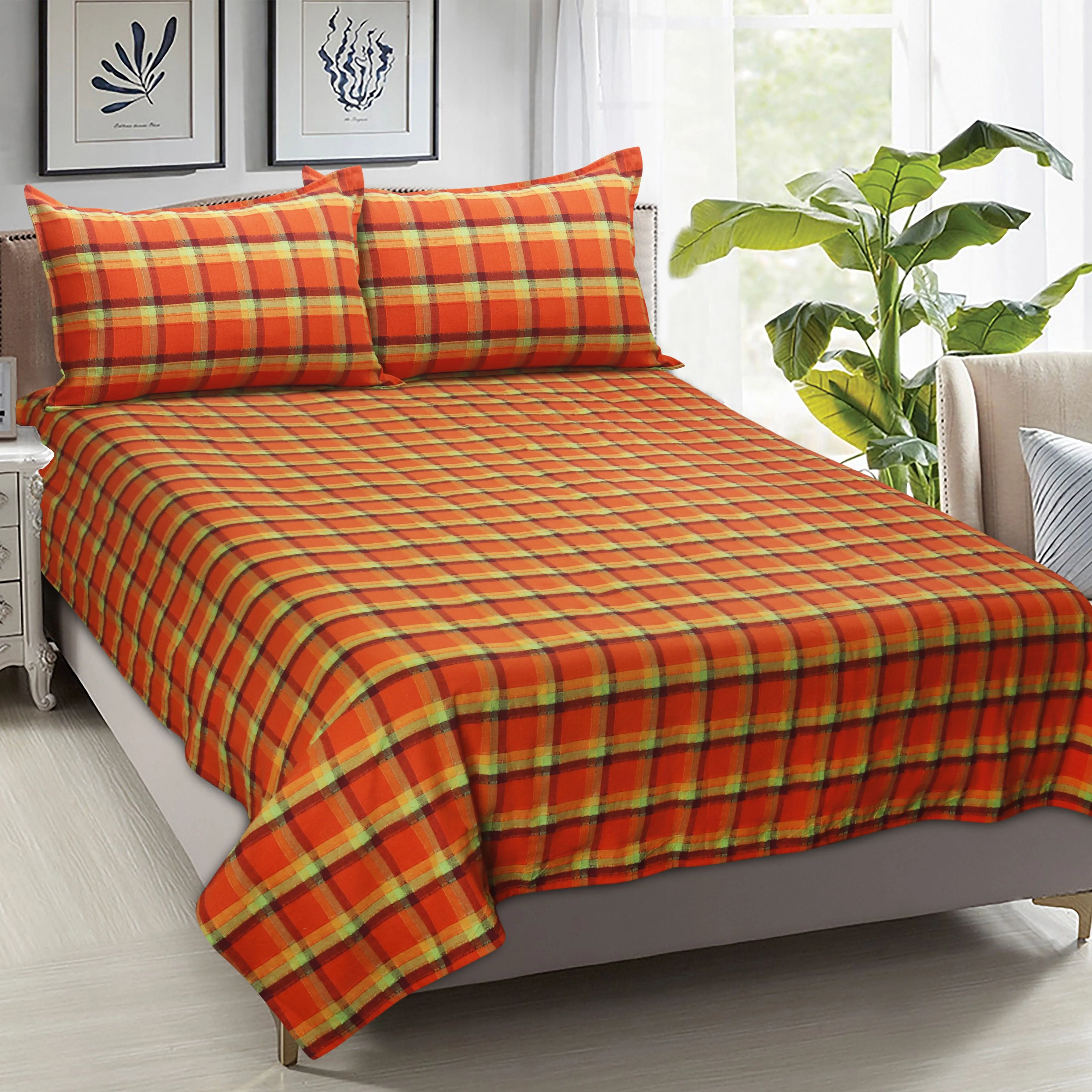 Cotton Dobby Checkered Bedsheet with Pillow Covers (Orange) - available sizes, Single, Double/Queen, King and Super King