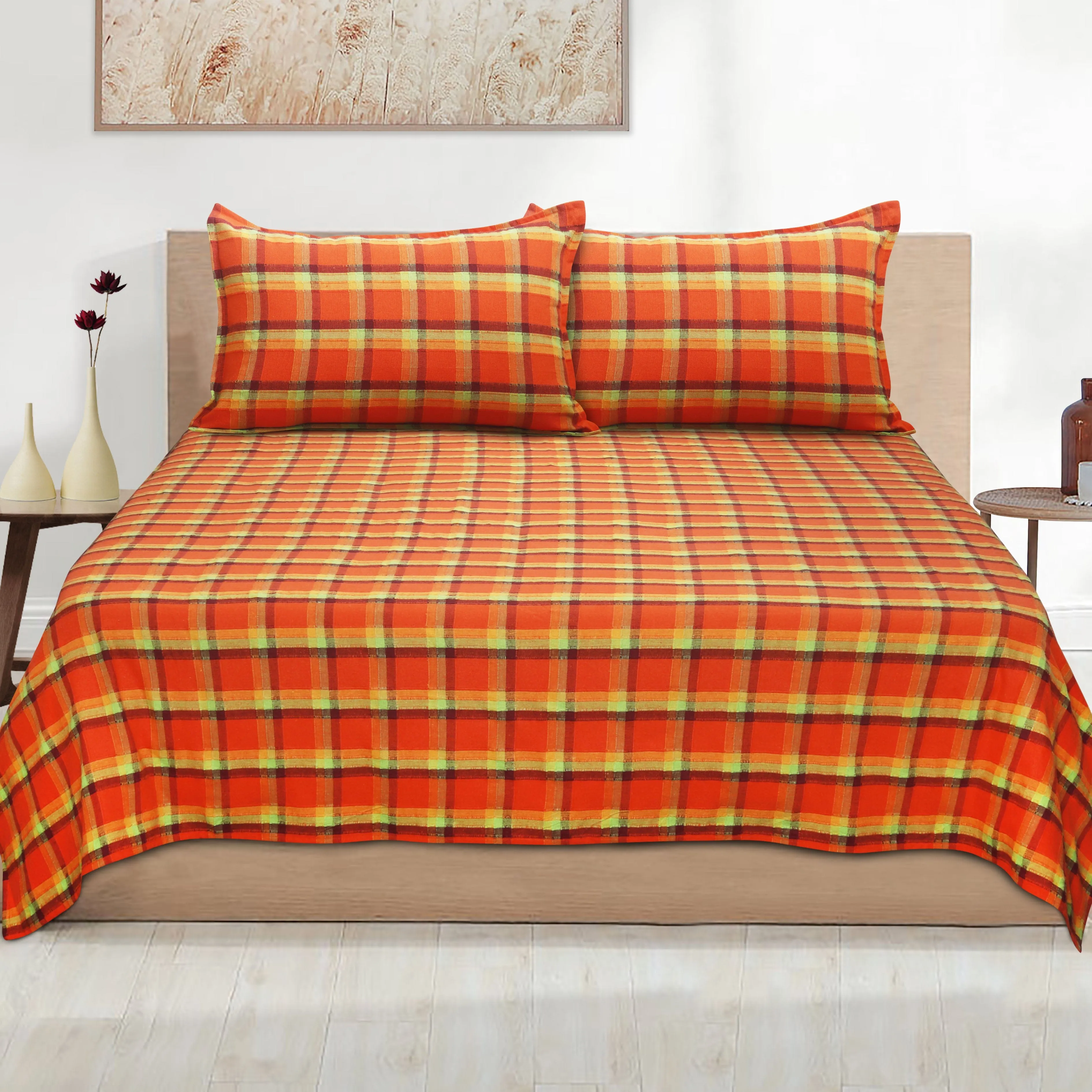 Cotton Dobby Checkered Bedsheet with Pillow Covers (Orange) - available sizes, Single, Double/Queen, King and Super King