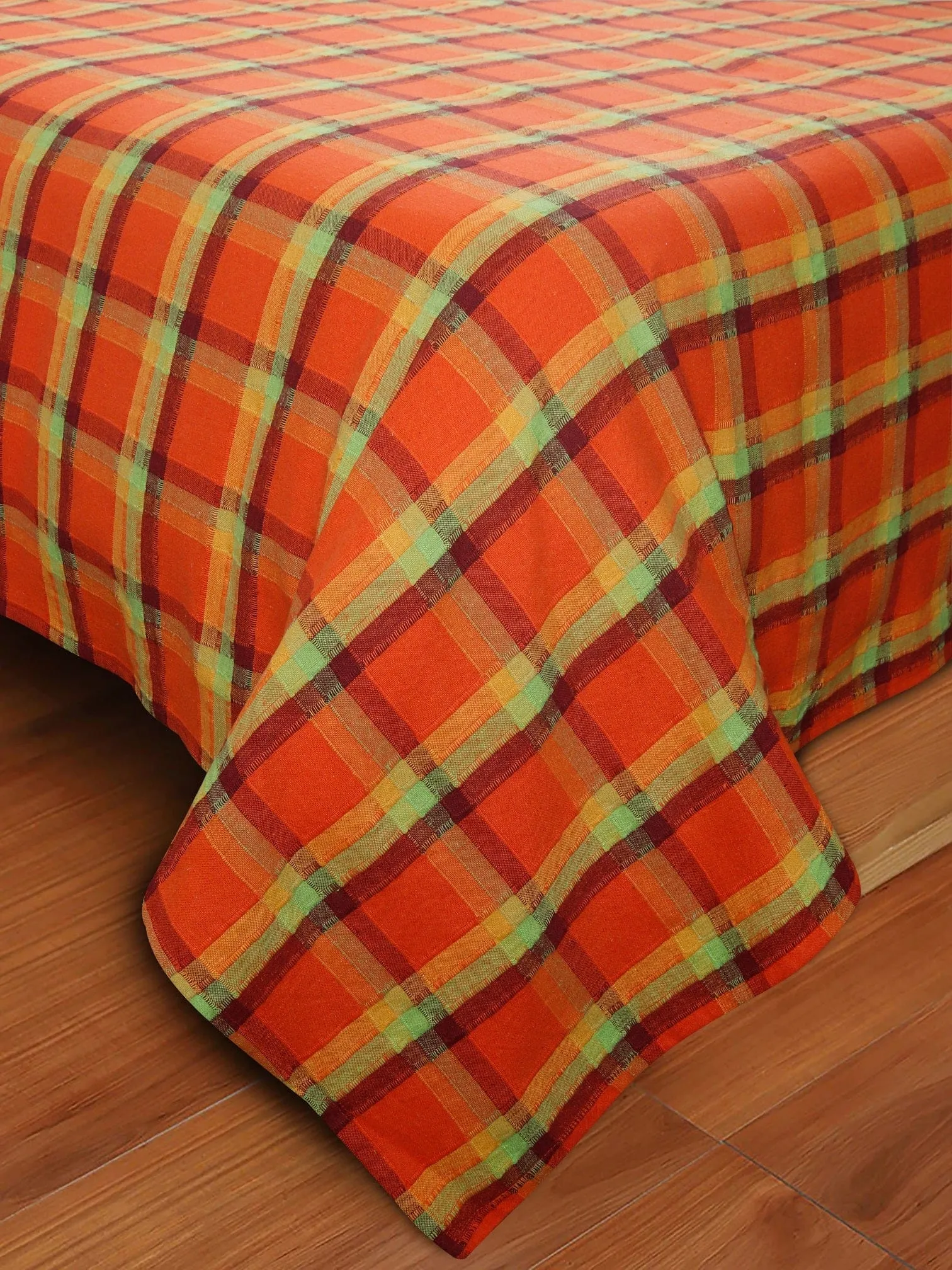 Cotton Dobby Checkered Bedsheet with Pillow Covers (Orange) - available sizes, Single, Double/Queen, King and Super King