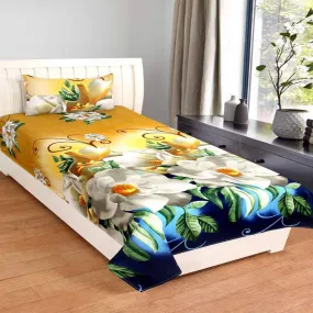 COTTON VILLAS 3D Printed Microfiber 3D White Flower Bedsheet for Single Bed with 1 Pillow Cover Microfiber and Cotton Mix Color Multicolour (88 X 60 inch)