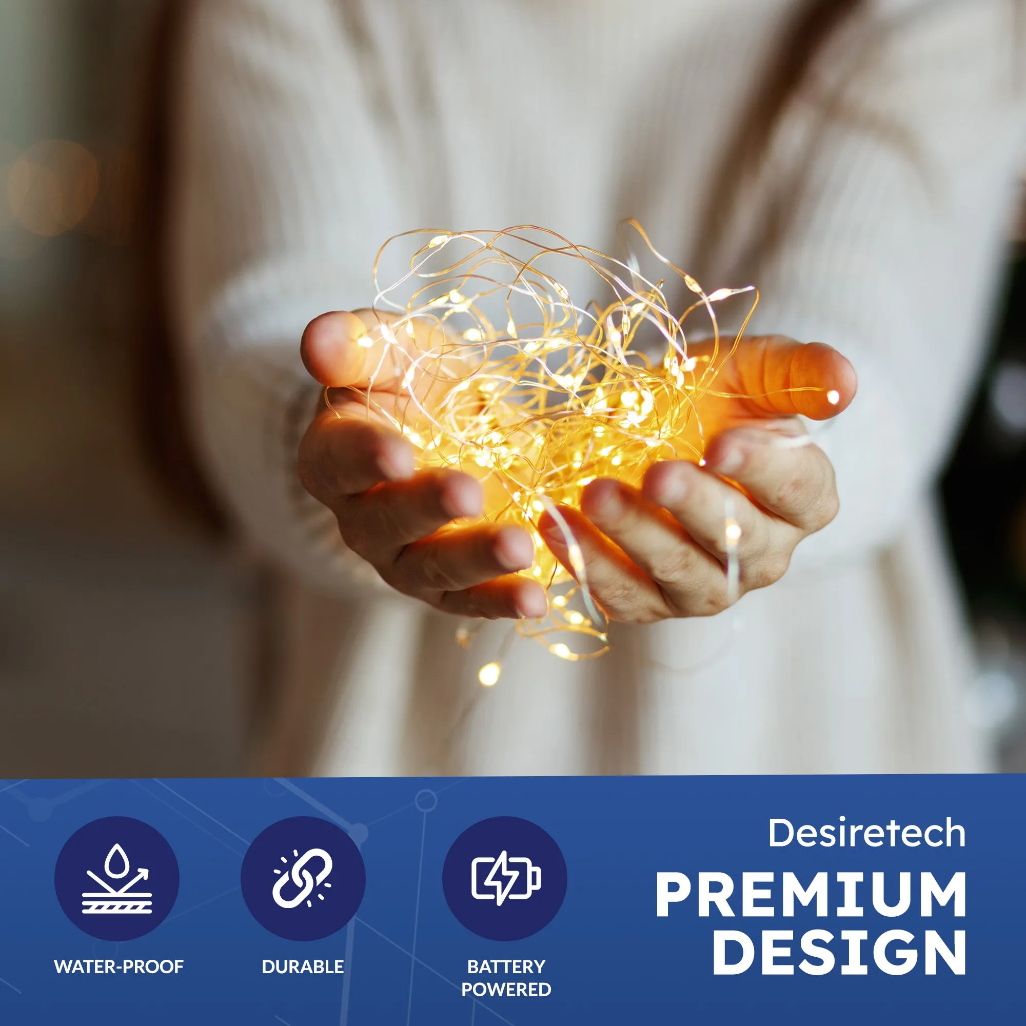 Desiretech - LED Battery-Powered Fairy Lights - Copper Wire String Lights - Waterproof Decorative LED for Indoor/Outdoor Use - Weddings, Christmas, Bedroom, Patio & Party