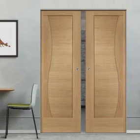 Emilia Oak Flush Absolute Evokit Pocket Double Pocket Door - Stepped Panel Design