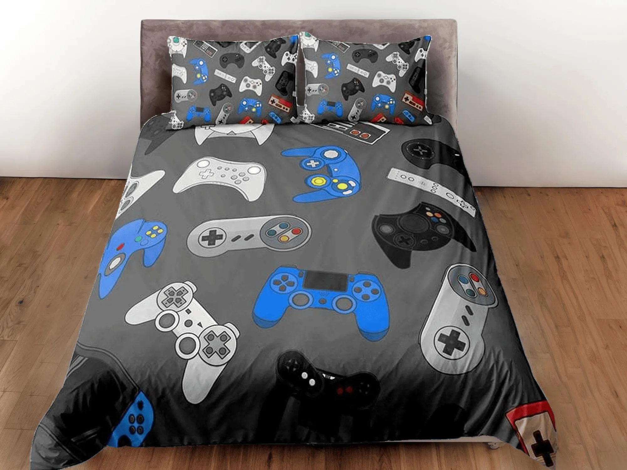 Gamer controllers bedding grey duvet cover, video gamer boyfriend gift bedding set full king queen twin, boys bedroom, college dorm bedding