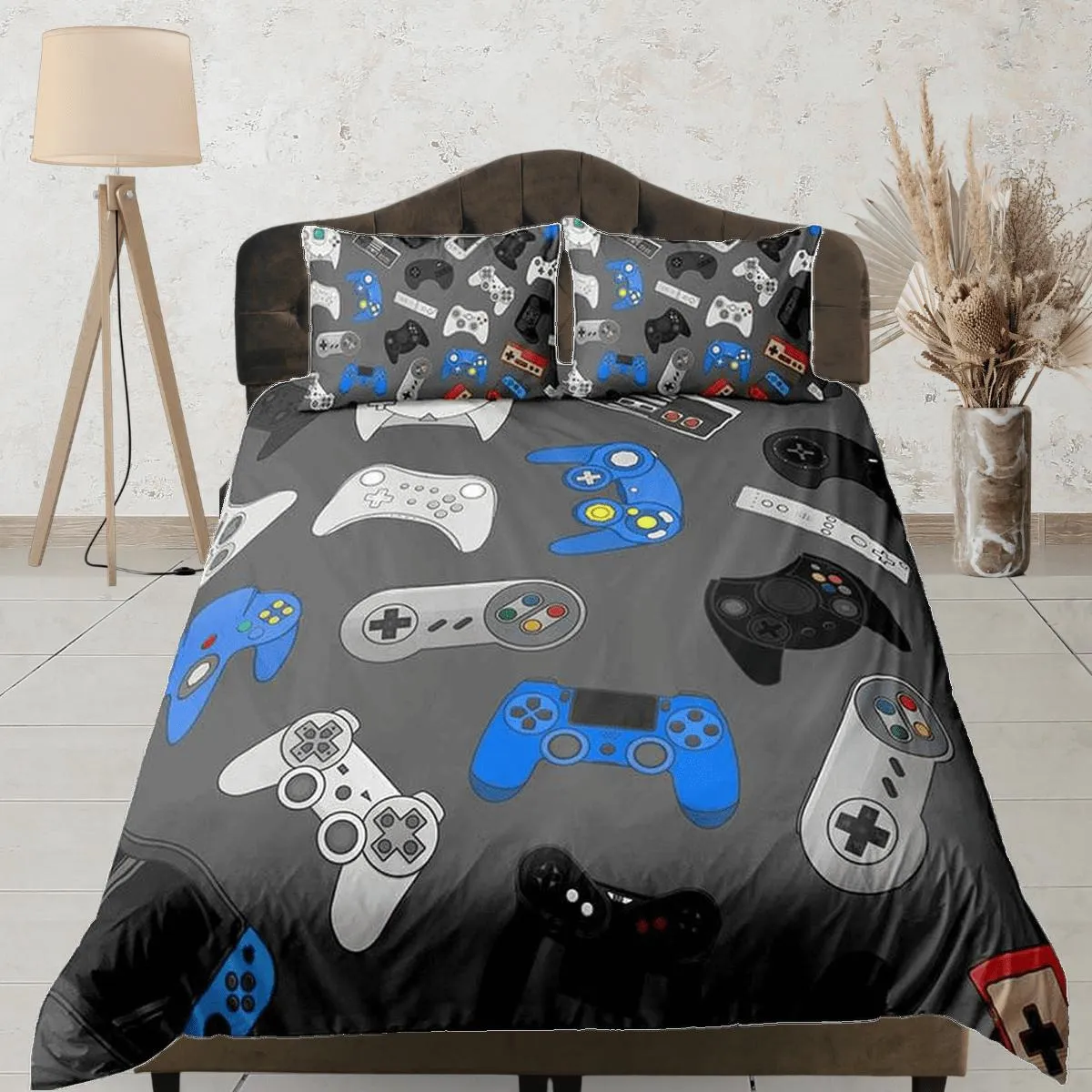 Gamer controllers bedding grey duvet cover, video gamer boyfriend gift bedding set full king queen twin, boys bedroom, college dorm bedding