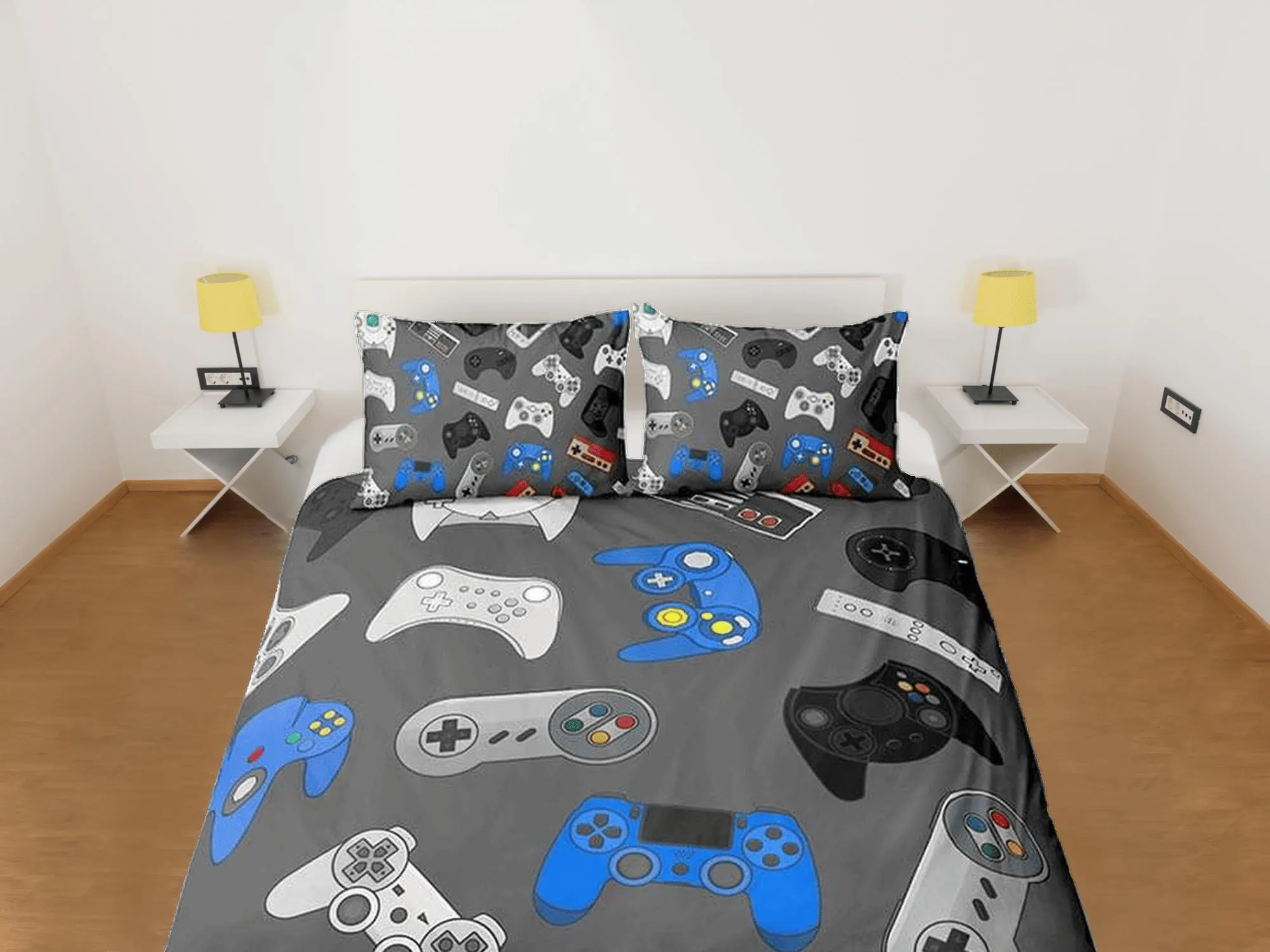 Gamer controllers bedding grey duvet cover, video gamer boyfriend gift bedding set full king queen twin, boys bedroom, college dorm bedding