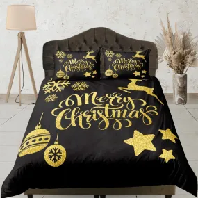 Golden Merry Christmas bedding & pillowcase holiday gift black duvet cover king queen twin toddler bedding baby Christmas farmhouse decor