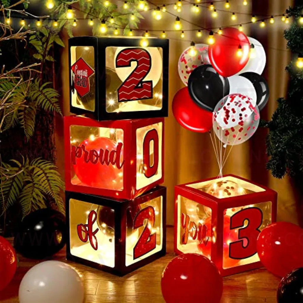 Graduation Box Decorations with Balloon and LED Light Strings Congrats 2023 Grad Party Supplies Proud of You Balloon Boxes for Class of 2023 School College Party Decor, 44 Pieces (Red)