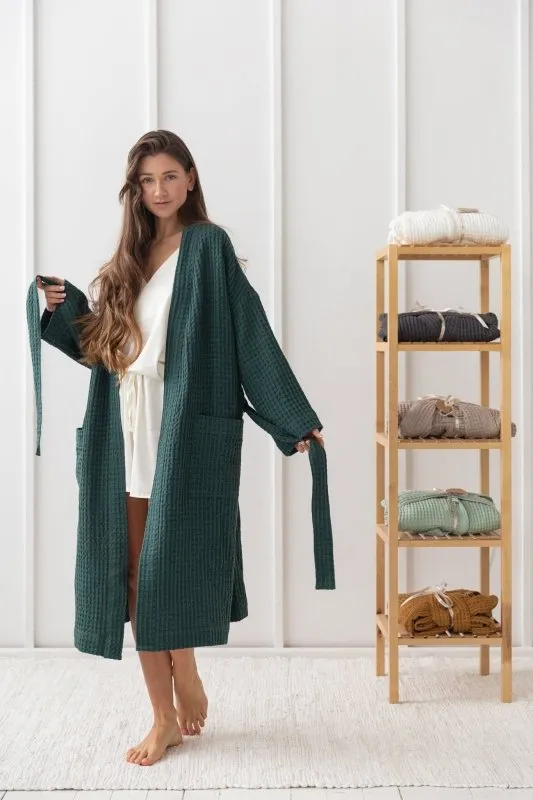 Greyish Green linen waffle robe