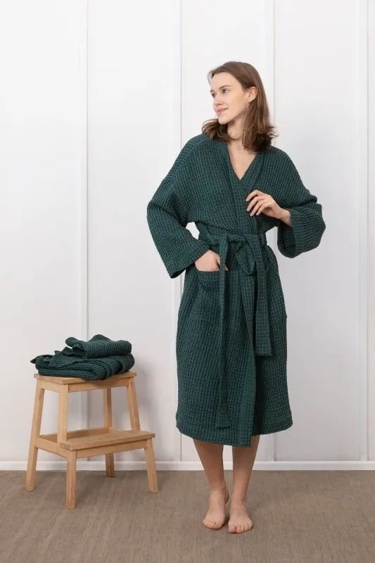 Greyish Green linen waffle robe