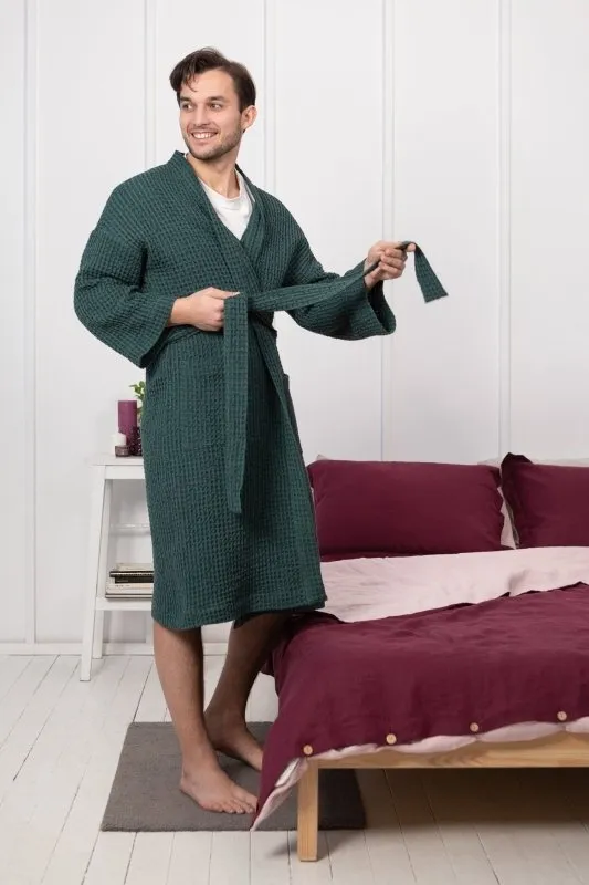 Greyish Green linen waffle robe