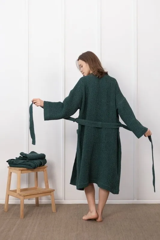 Greyish Green linen waffle robe