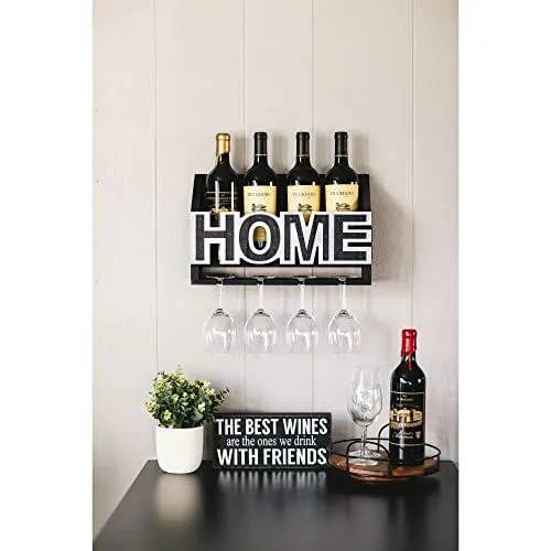 ienjoyware Wooden Wall Mounted Home LED Wine Rack and Glass Holder – Wall Décor for Home Interior – Wine Racks Display with LED – 4-Bottle and 4-Glass Holder