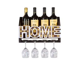 ienjoyware Wooden Wall Mounted Home LED Wine Rack and Glass Holder – Wall Décor for Home Interior – Wine Racks Display with LED – 4-Bottle and 4-Glass Holder