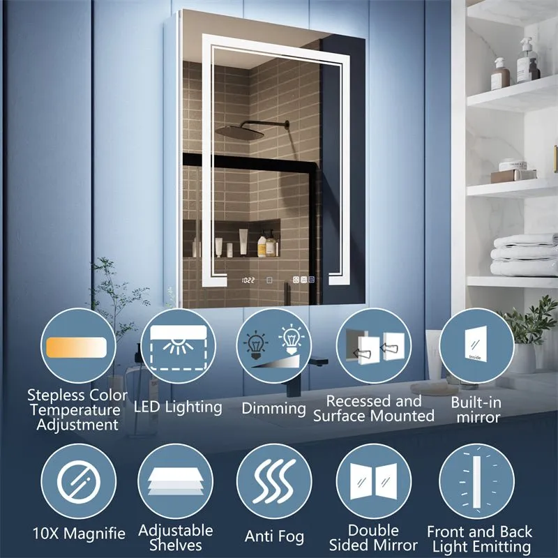 Illusion-B 24" x 32" LED Lighted Inset Mirrored Medicine Cabinet with Magnifiers Front and Back Light,Hinge on Right