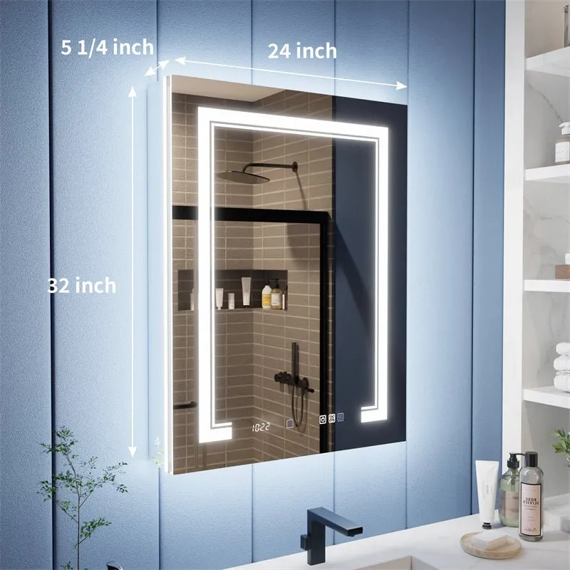 Illusion-B 24" x 32" LED Lighted Inset Mirrored Medicine Cabinet with Magnifiers Front and Back Light,Hinge on Right