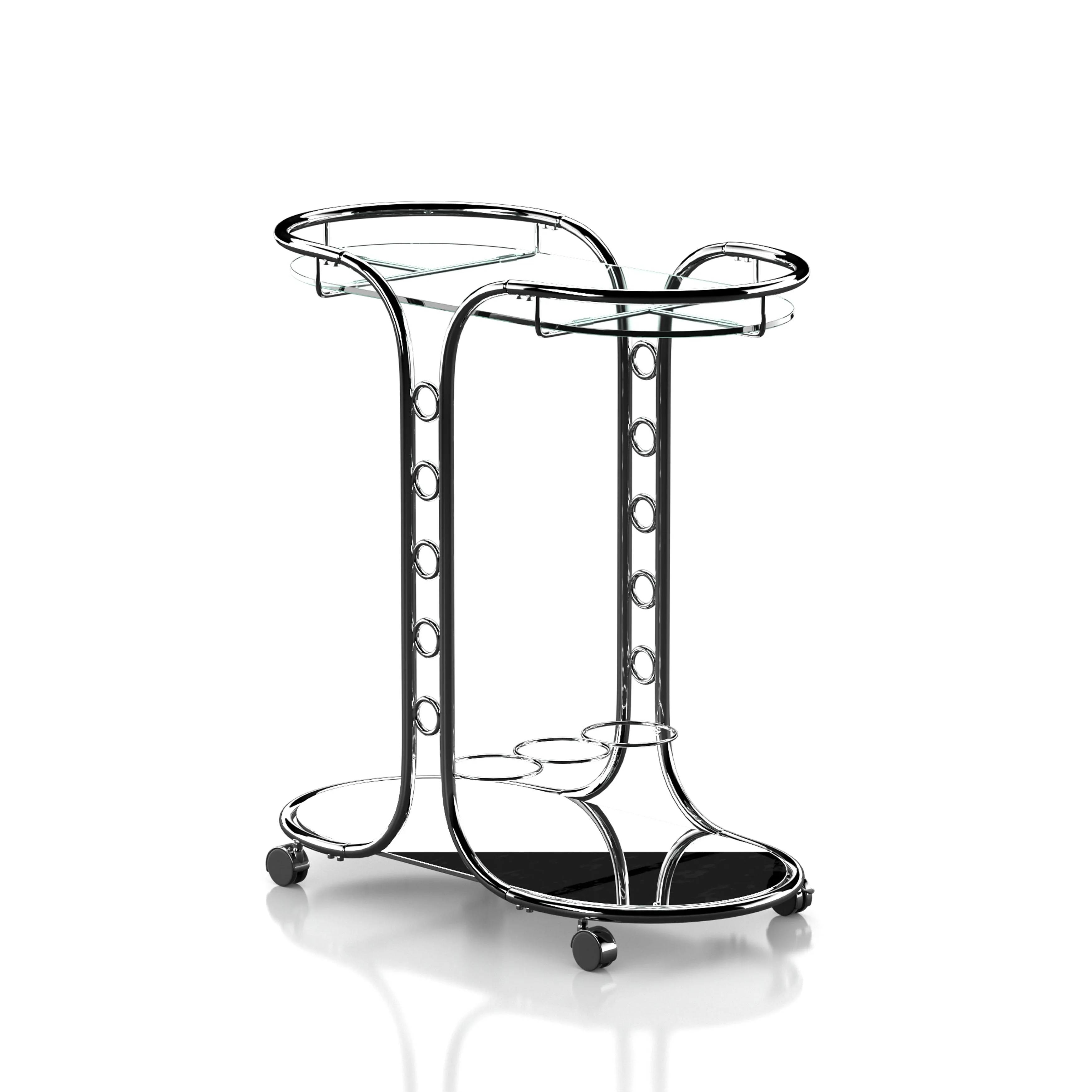 Isma Chrome and Glass Mobile Serving Cart with Wine Bottle Rings