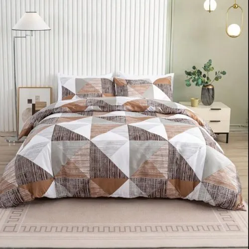 King Size 6 pieces bedding set , Simply geometric print, brown with grey.