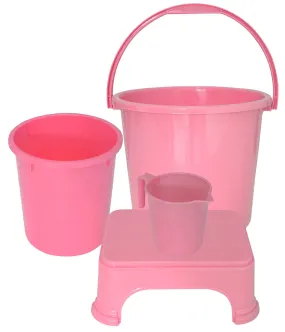 Kuber Industries 4 Pieces Plastic Bucket, Dustbin, Mug & Stool Set (Pink)