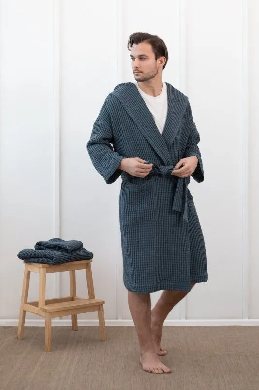 Light grey linen waffle robe with hoodie