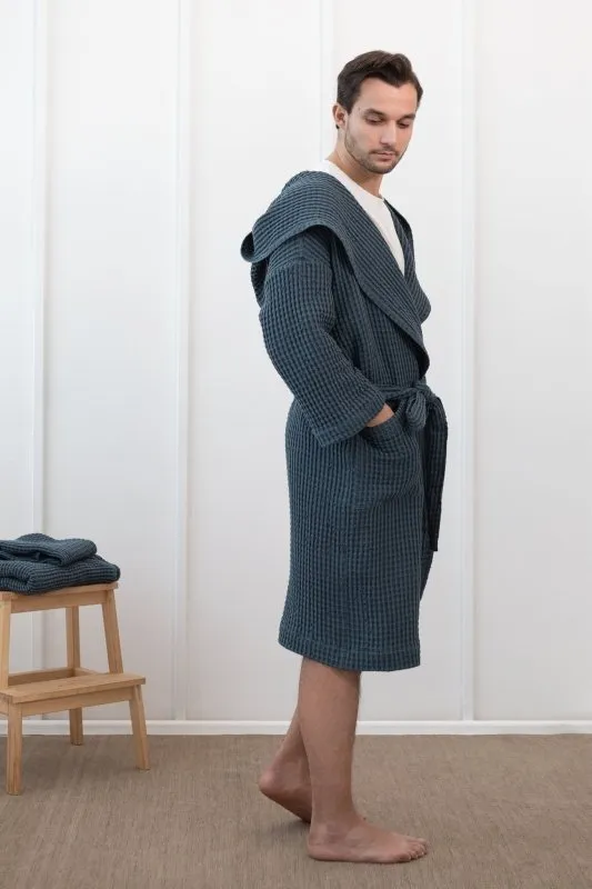 Light grey linen waffle robe with hoodie