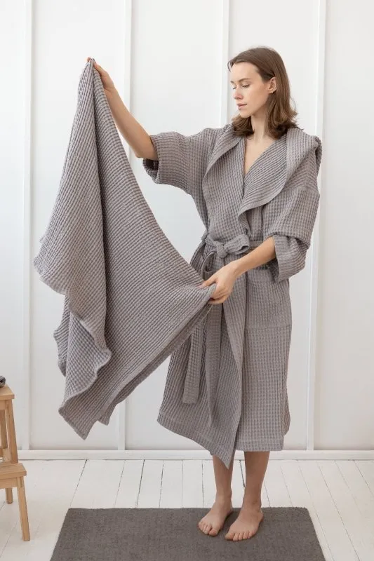 Light grey linen waffle robe with hoodie