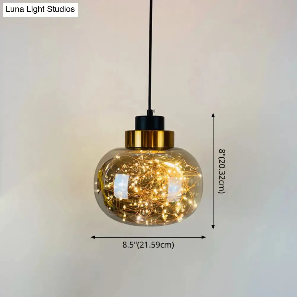 Modern Brass Finish Glass Jar Pendant Light with LED String for Ceiling Hanging