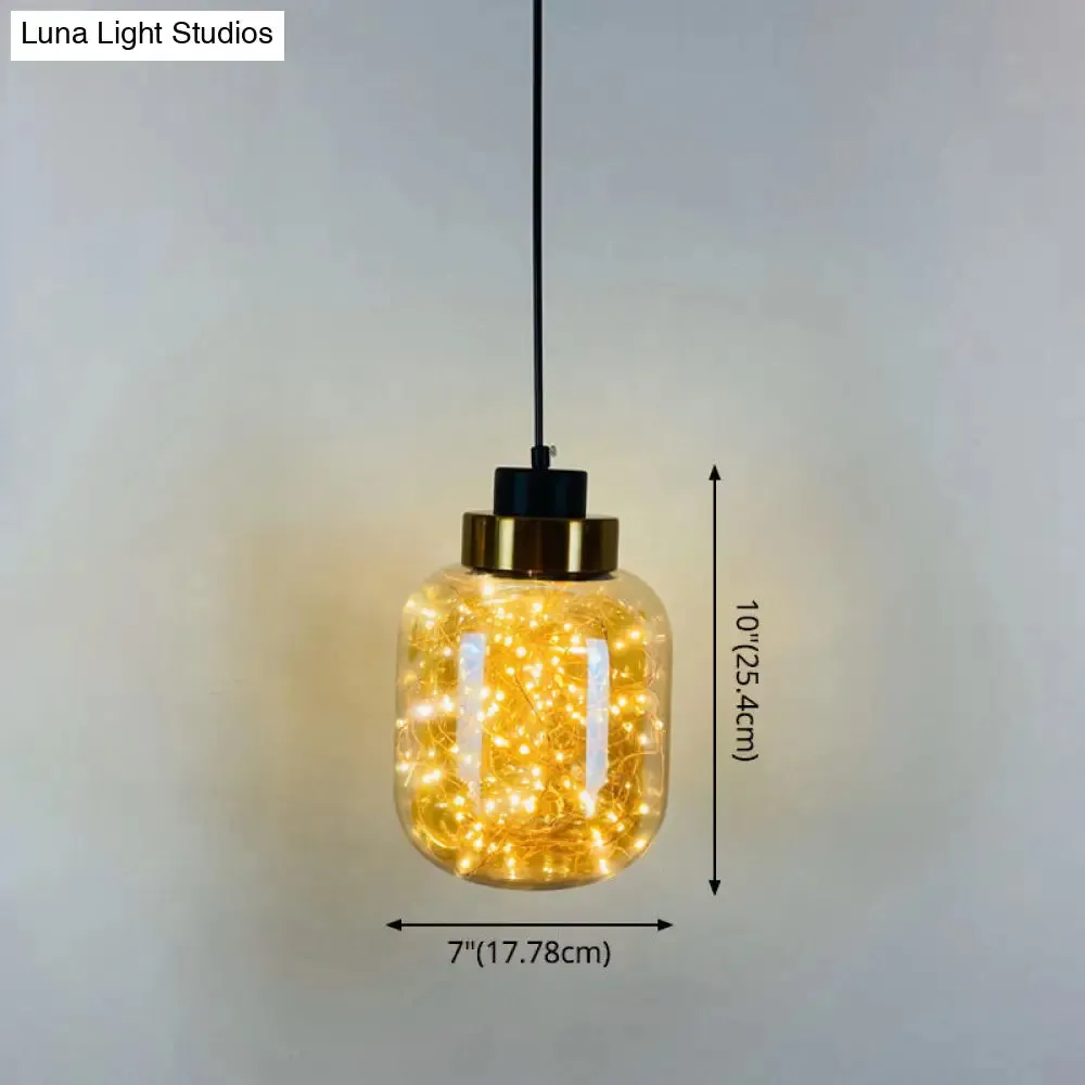 Modern Brass Finish Glass Jar Pendant Light with LED String for Ceiling Hanging