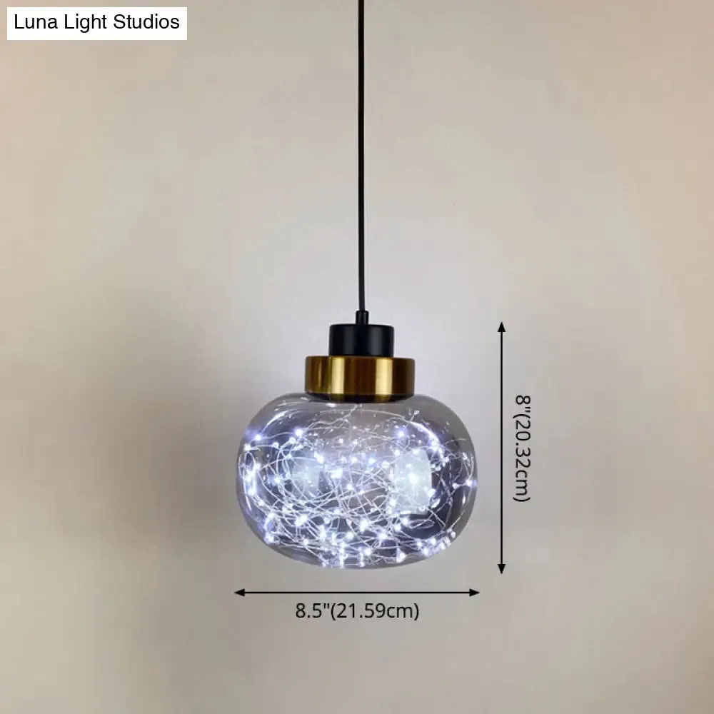 Modern Brass Finish Glass Jar Pendant Light with LED String for Ceiling Hanging