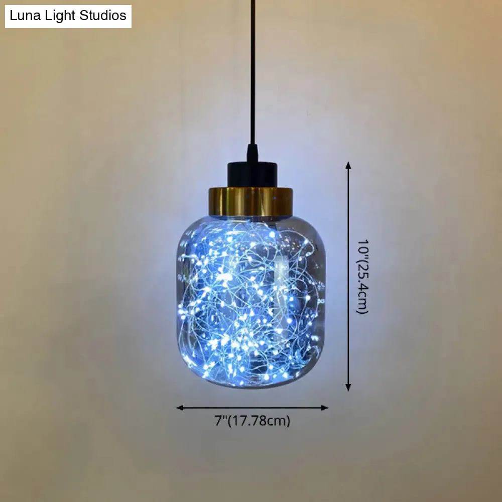 Modern Brass Finish Glass Jar Pendant Light with LED String for Ceiling Hanging