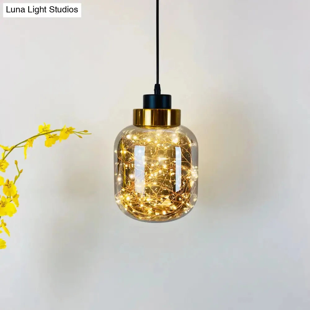 Modern Brass Finish Glass Jar Pendant Light with LED String for Ceiling Hanging